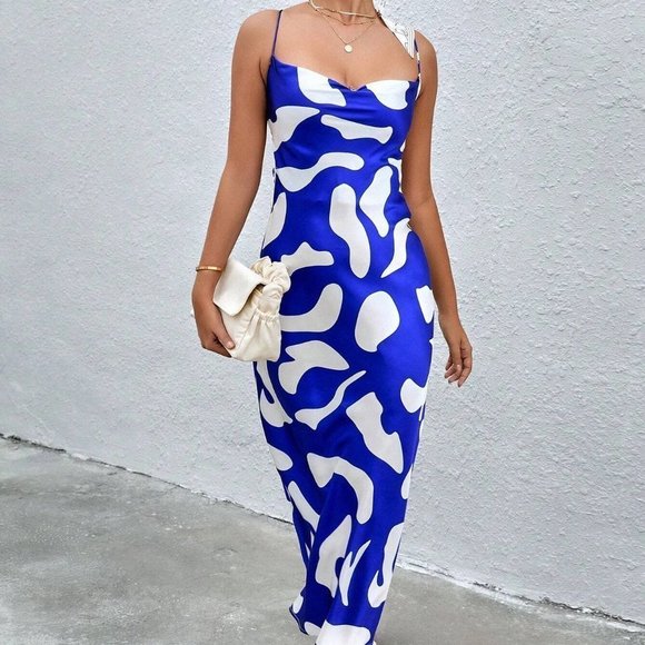 Blue & White Preppy Womens Allover Print Draped Collar Cami Dress - Picture 4 of 5